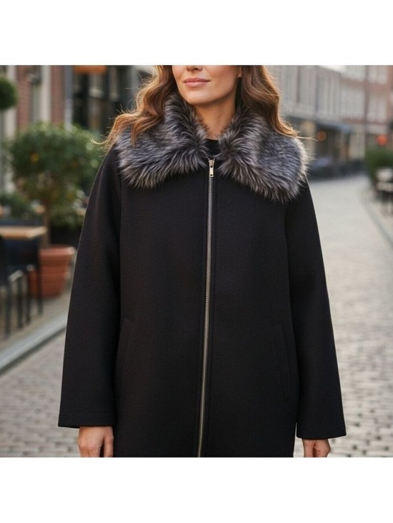 Susan Graver Jackets & Blazers - Susan Graver Black Trench Jacket Coat with Faux Fur Wool Winter Large